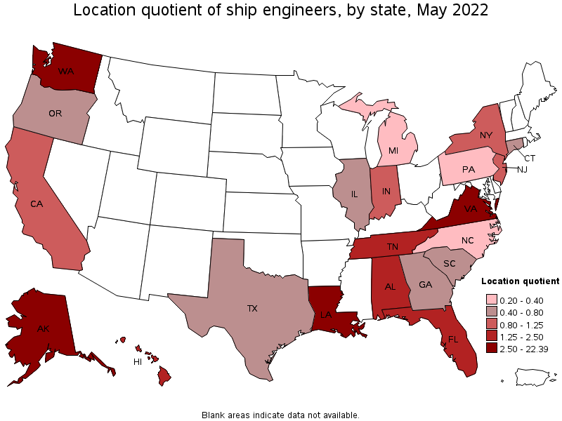 Map of location quotient of ship engineers by state, May 2022