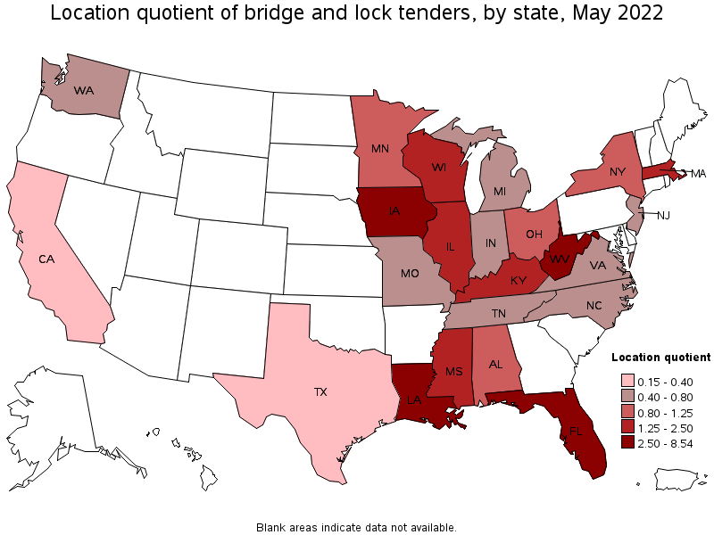 Map of location quotient of bridge and lock tenders by state, May 2022