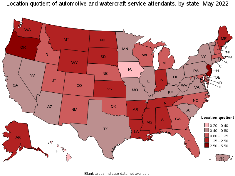 Map of location quotient of automotive and watercraft service attendants by state, May 2022