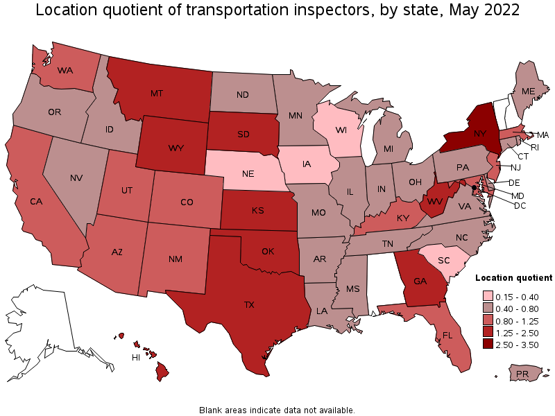 Map of location quotient of transportation inspectors by state, May 2022