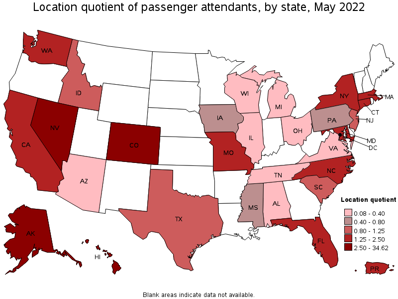 Map of location quotient of passenger attendants by state, May 2022