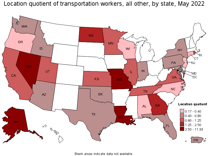 Map of location quotient of transportation workers, all other by state, May 2022