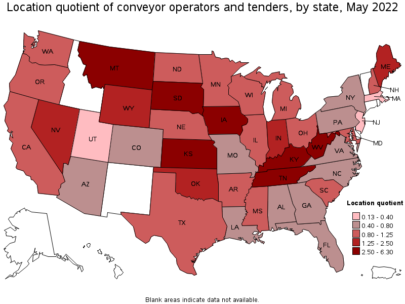 Map of location quotient of conveyor operators and tenders by state, May 2022