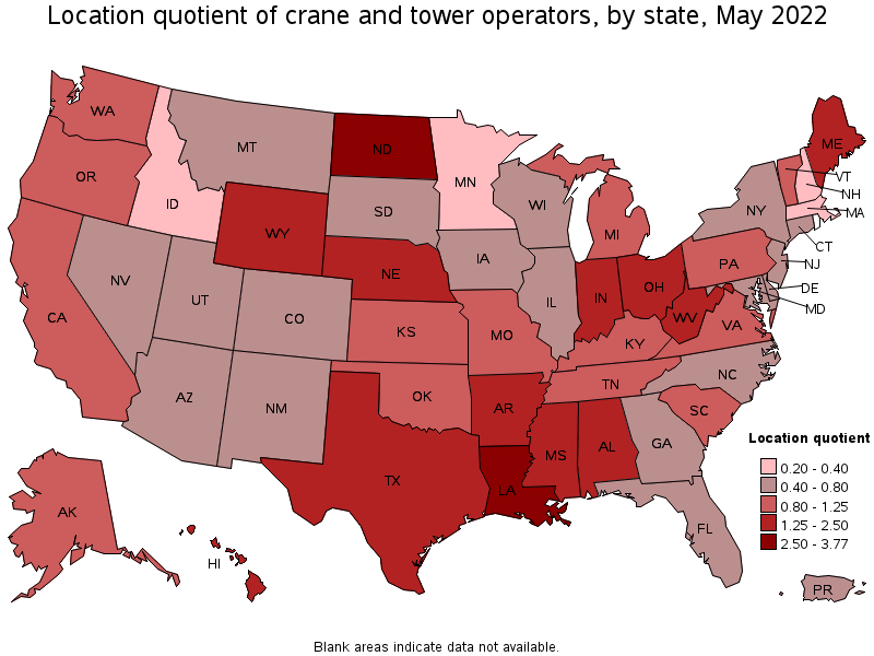 Map of location quotient of crane and tower operators by state, May 2022