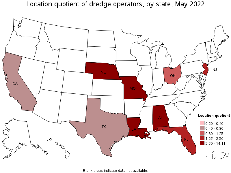 Map of location quotient of dredge operators by state, May 2022