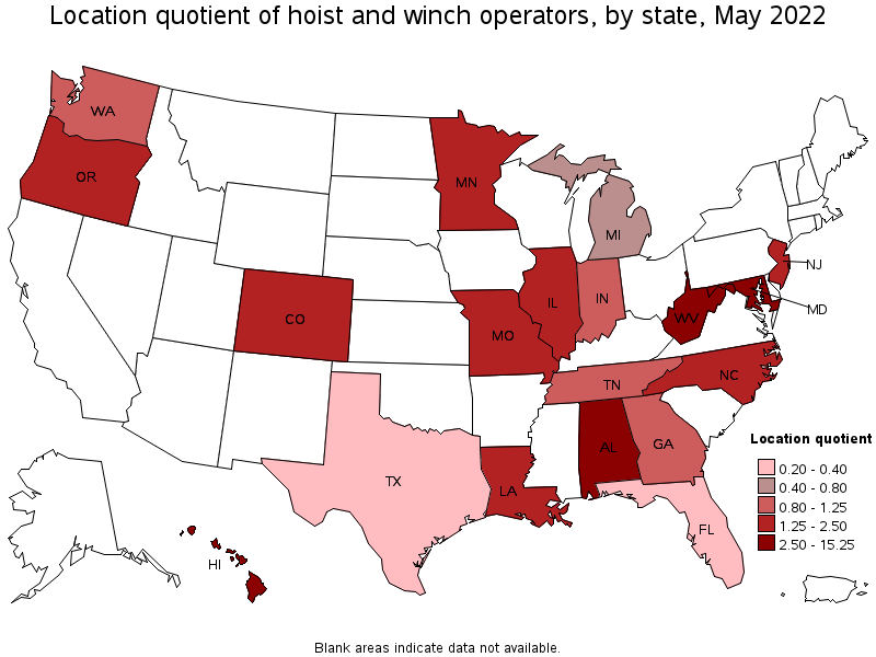 Map of location quotient of hoist and winch operators by state, May 2022