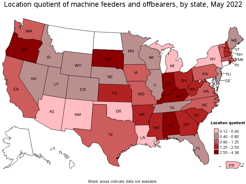 Map of location quotient of machine feeders and offbearers by state, May 2022