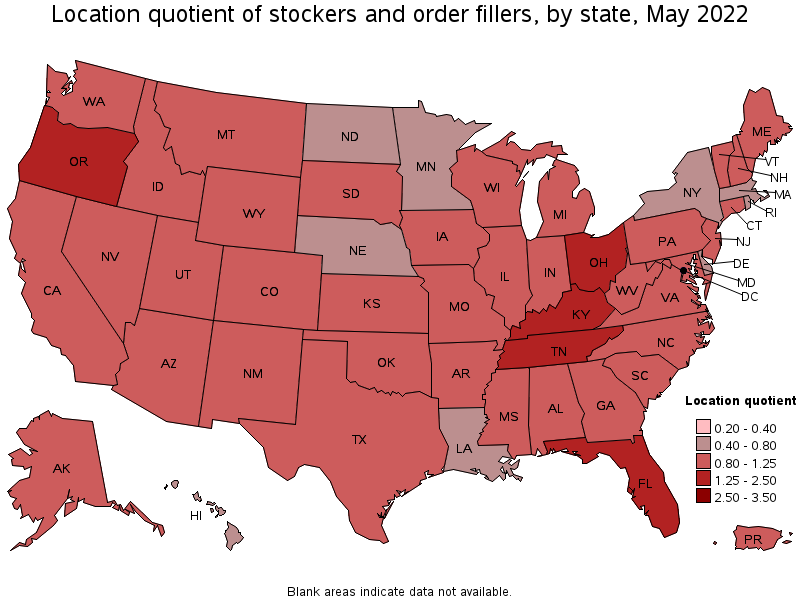 Map of location quotient of stockers and order fillers by state, May 2022