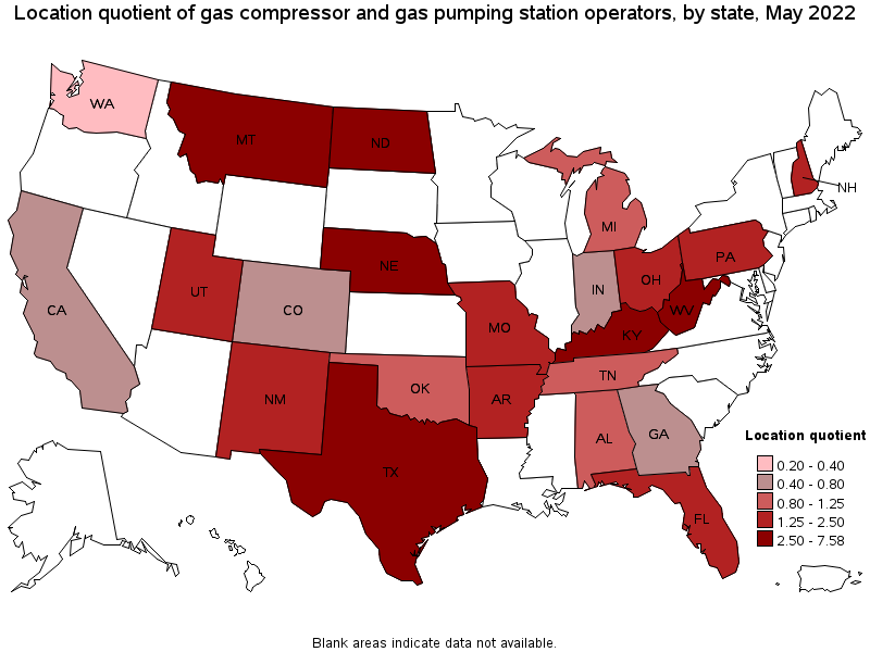 Map of location quotient of gas compressor and gas pumping station operators by state, May 2022