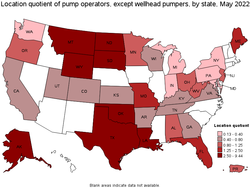 Map of location quotient of pump operators, except wellhead pumpers by state, May 2022