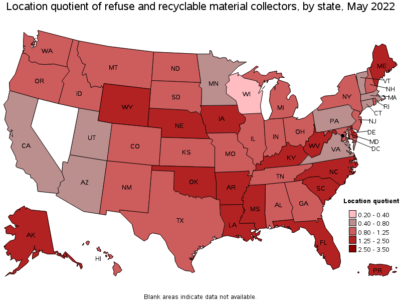 Map of location quotient of refuse and recyclable material collectors by state, May 2022