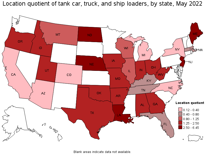 Map of location quotient of tank car, truck, and ship loaders by state, May 2022