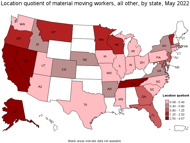 Map of location quotient of material moving workers, all other by state, May 2022