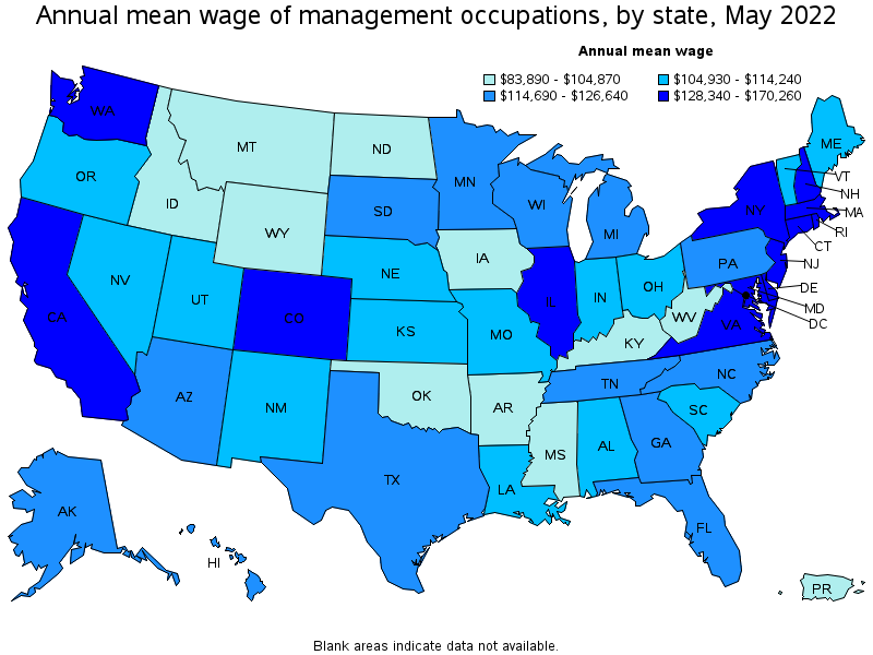 Map of annual mean wages of management occupations by state, May 2022