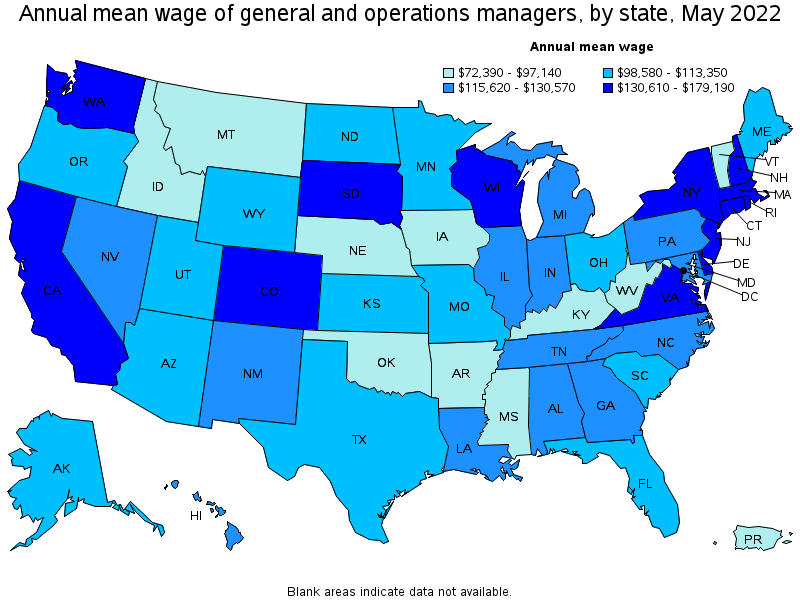 Map of annual mean wages of general and operations managers by state, May 2022