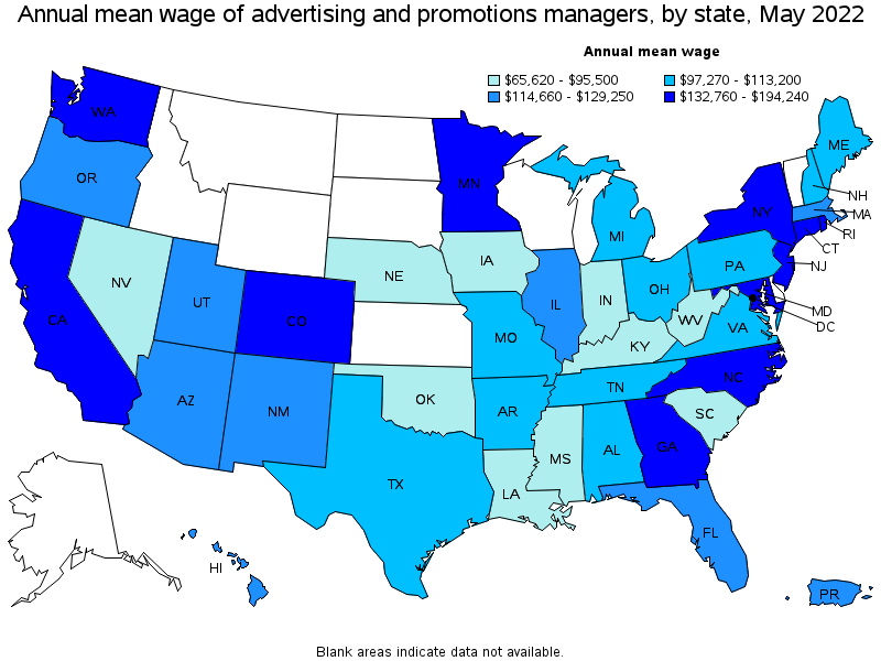 Map of annual mean wages of advertising and promotions managers by state, May 2022