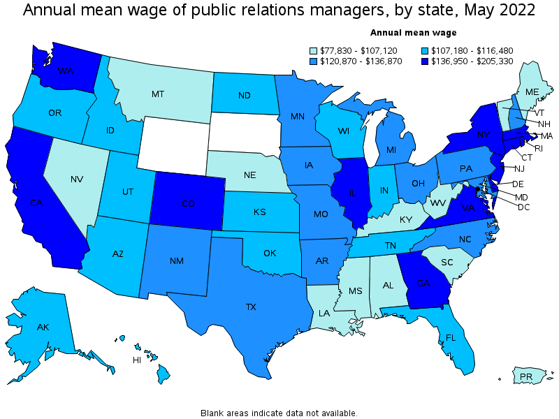 Map of annual mean wages of public relations managers by state, May 2022