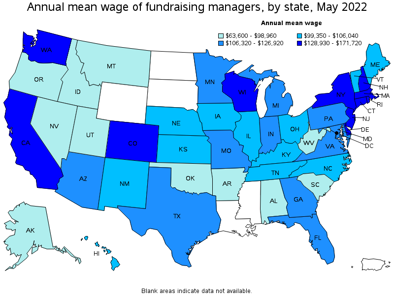 Map of annual mean wages of fundraising managers by state, May 2022