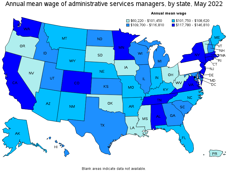 Map of annual mean wages of administrative services managers by state, May 2022