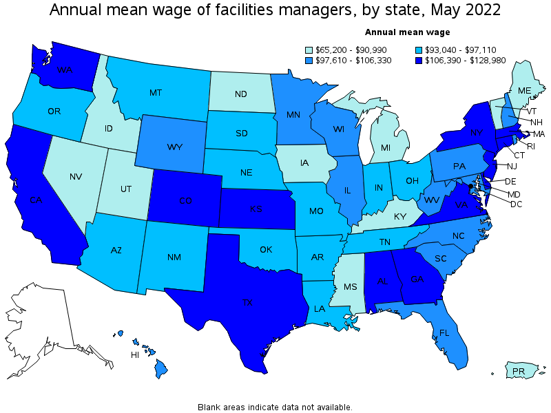 Map of annual mean wages of facilities managers by state, May 2022