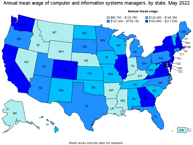 Map of annual mean wages of computer and information systems managers by state, May 2022