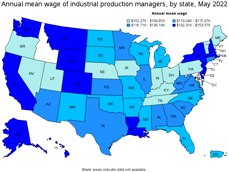 Map of annual mean wages of industrial production managers by state, May 2022