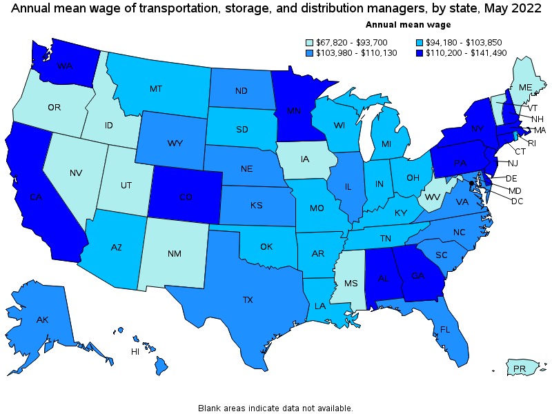Map of annual mean wages of transportation, storage, and distribution managers by state, May 2022