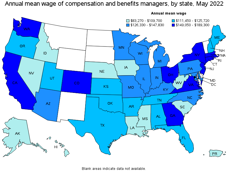 Map of annual mean wages of compensation and benefits managers by state, May 2022
