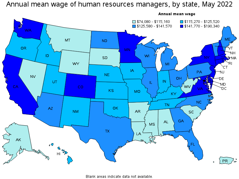 Map of annual mean wages of human resources managers by state, May 2022