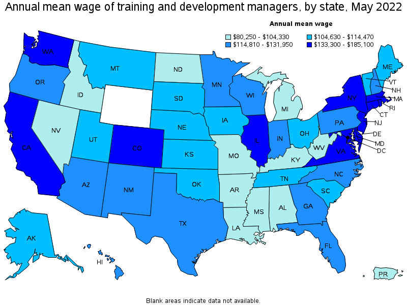 Map of annual mean wages of training and development managers by state, May 2022
