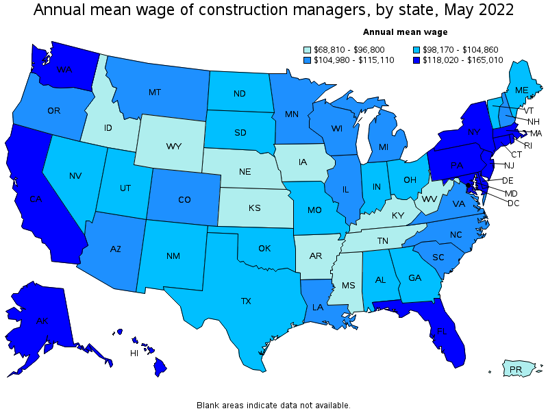 Map of annual mean wages of construction managers by state, May 2022