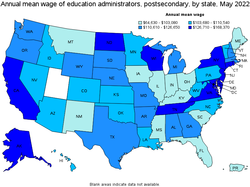 Map of annual mean wages of education administrators, postsecondary by state, May 2022