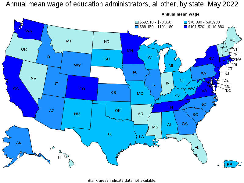 Map of annual mean wages of education administrators, all other by state, May 2022