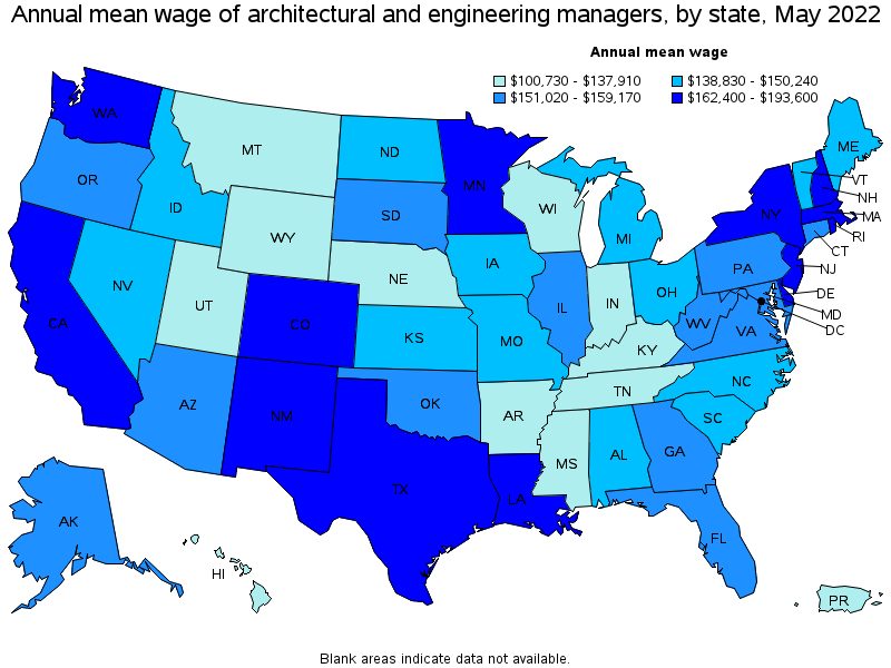 Map of annual mean wages of architectural and engineering managers by state, May 2022