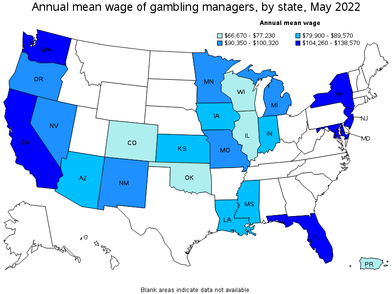 Map of annual mean wages of gambling managers by state, May 2022
