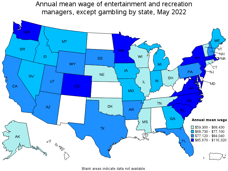 Map of annual mean wages of entertainment and recreation managers, except gambling by state, May 2022