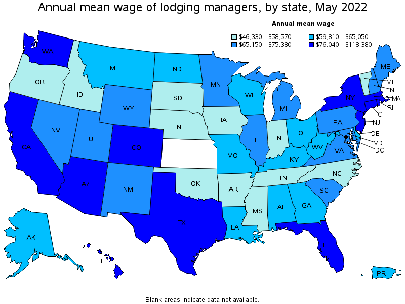 Map of annual mean wages of lodging managers by state, May 2022