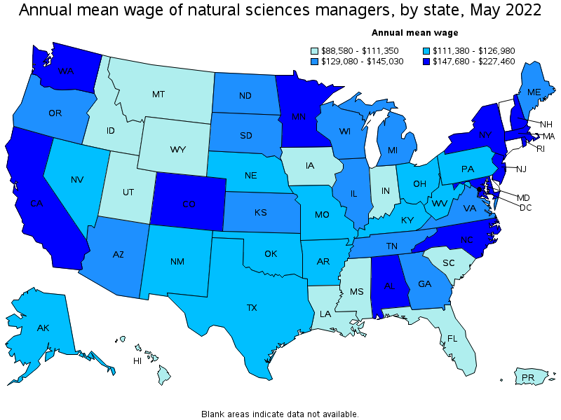 Map of annual mean wages of natural sciences managers by state, May 2022