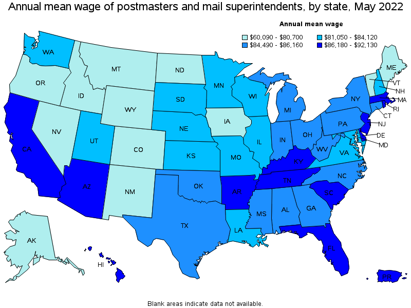 Map of annual mean wages of postmasters and mail superintendents by state, May 2022