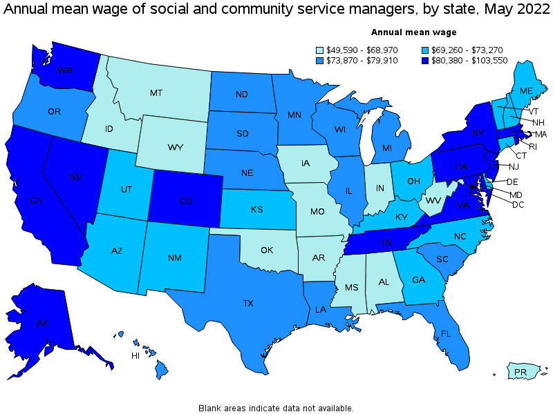 Map of annual mean wages of social and community service managers by state, May 2022