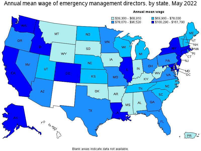 Map of annual mean wages of emergency management directors by state, May 2022