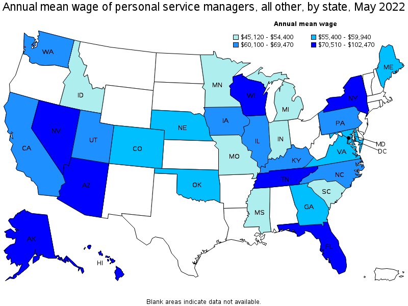 Map of annual mean wages of personal service managers, all other by state, May 2022