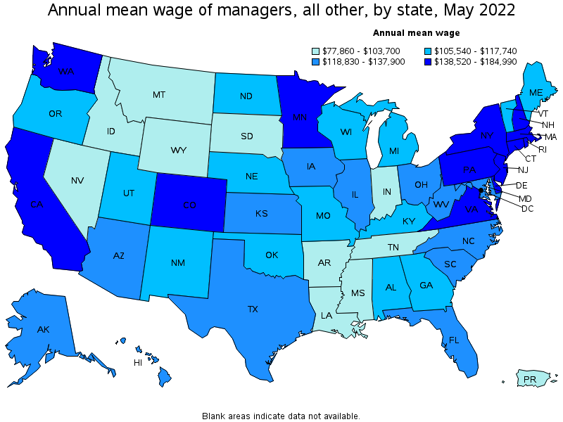 Map of annual mean wages of managers, all other by state, May 2022