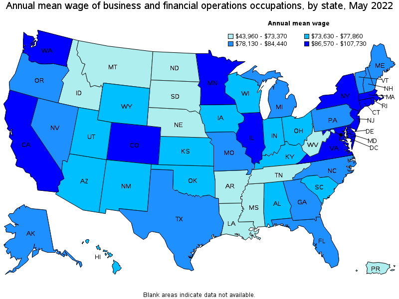 Map of annual mean wages of business and financial operations occupations by state, May 2022