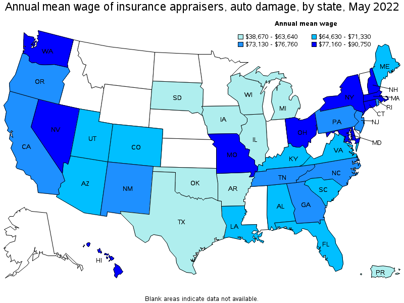 Map of annual mean wages of insurance appraisers, auto damage by state, May 2022