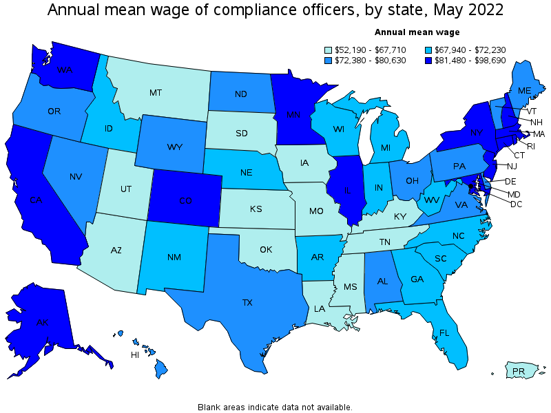 Map of annual mean wages of compliance officers by state, May 2022
