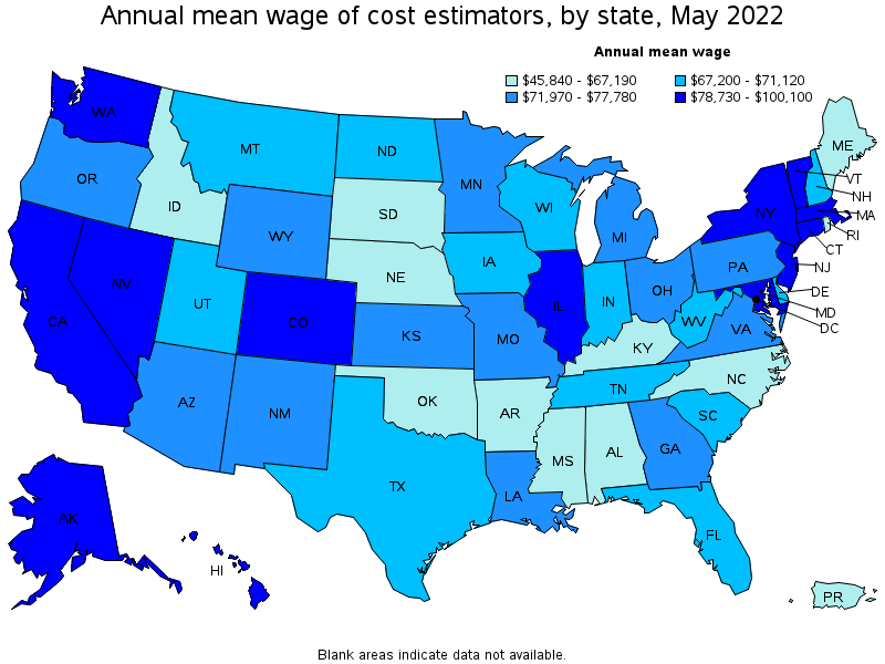 Map of annual mean wages of cost estimators by state, May 2022