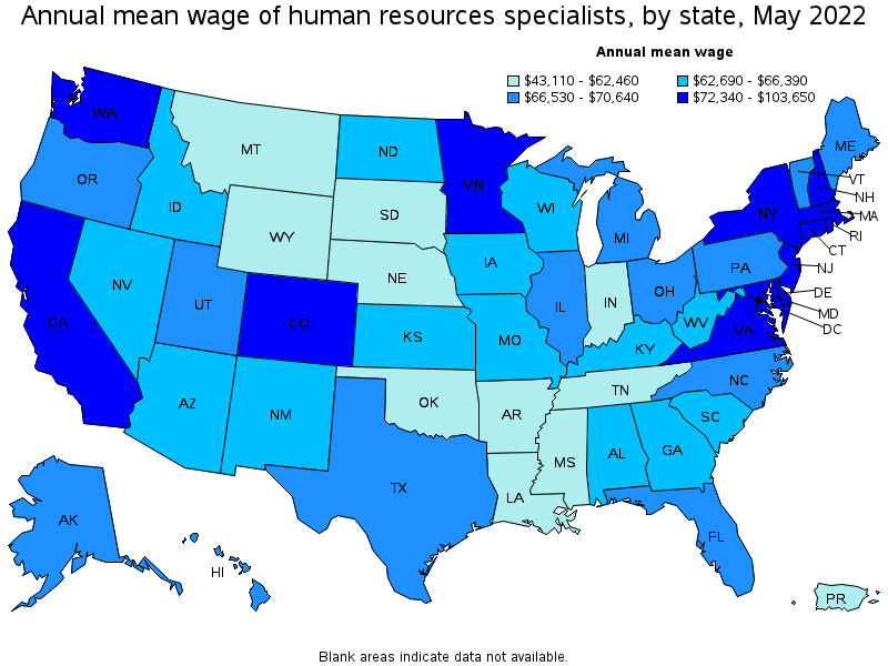 Map of annual mean wages of human resources specialists by state, May 2022