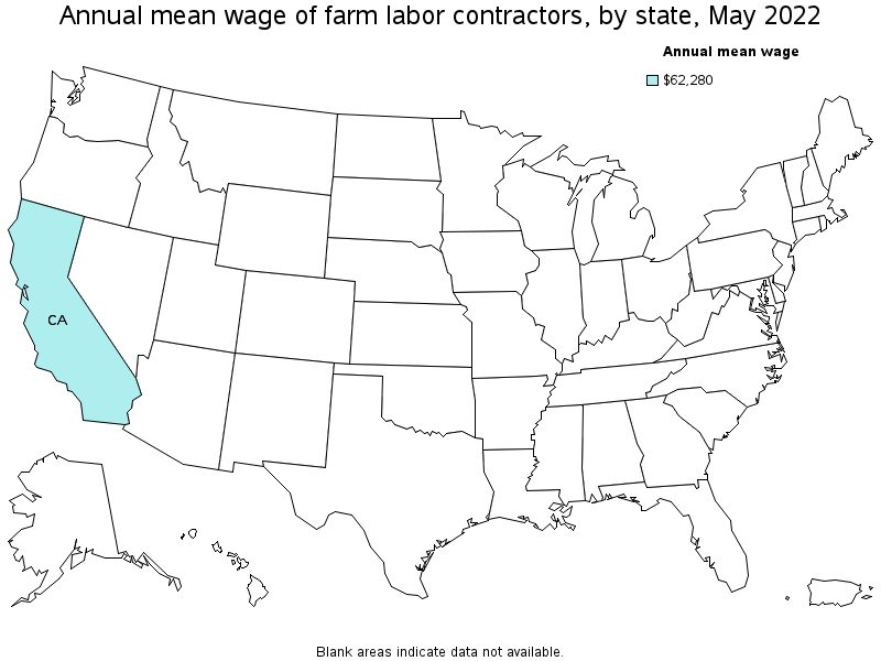 Map of annual mean wages of farm labor contractors by state, May 2022