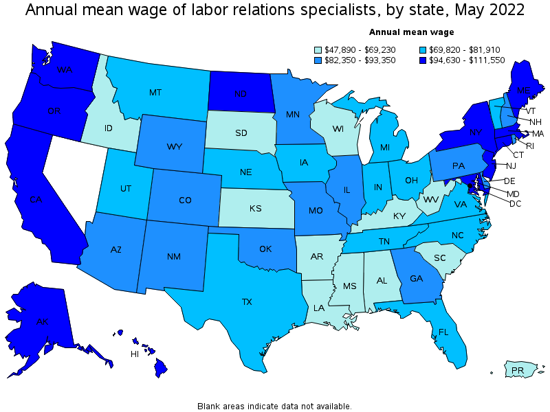 Map of annual mean wages of labor relations specialists by state, May 2022